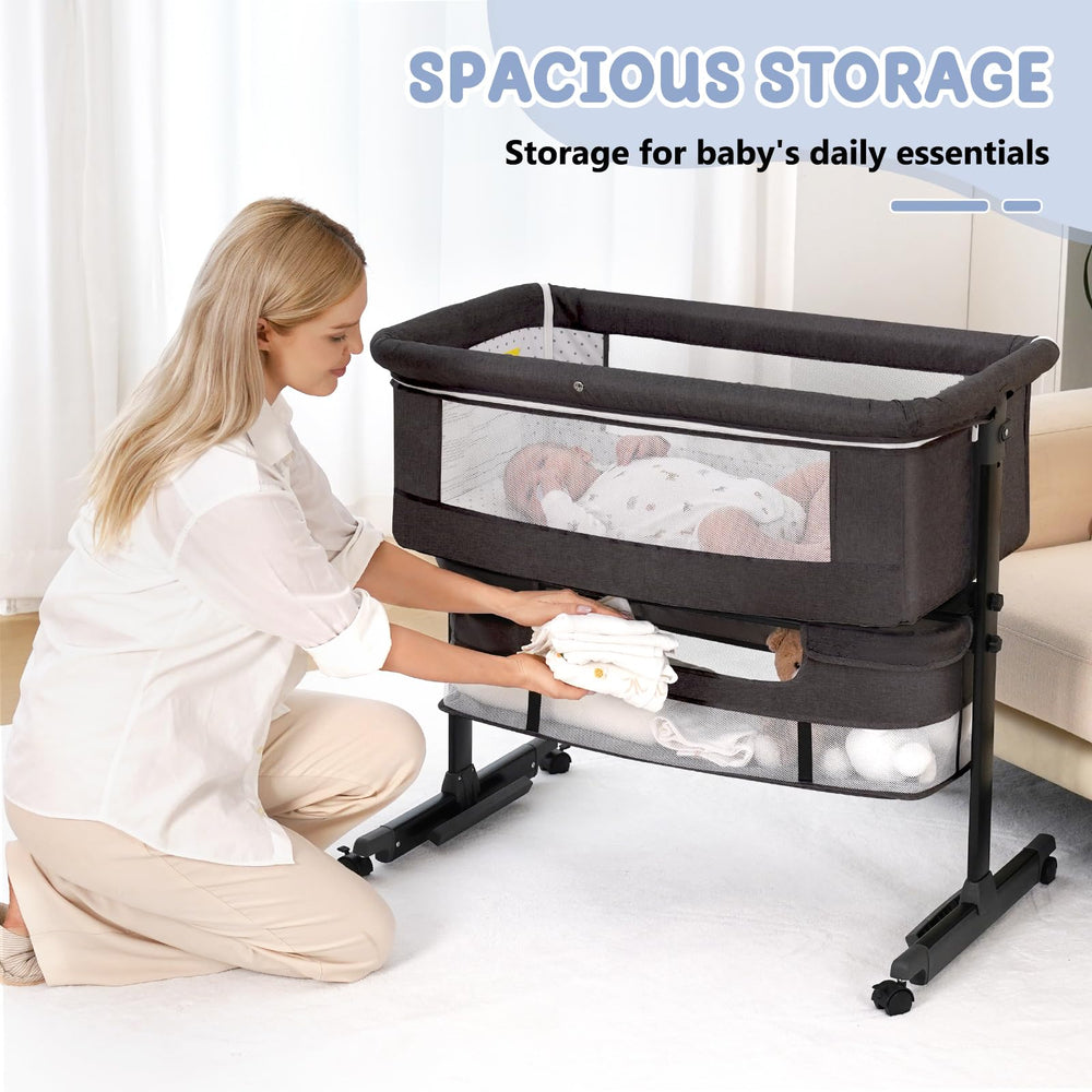 Semphis foldable travel bassinet shown ready for quick packing.