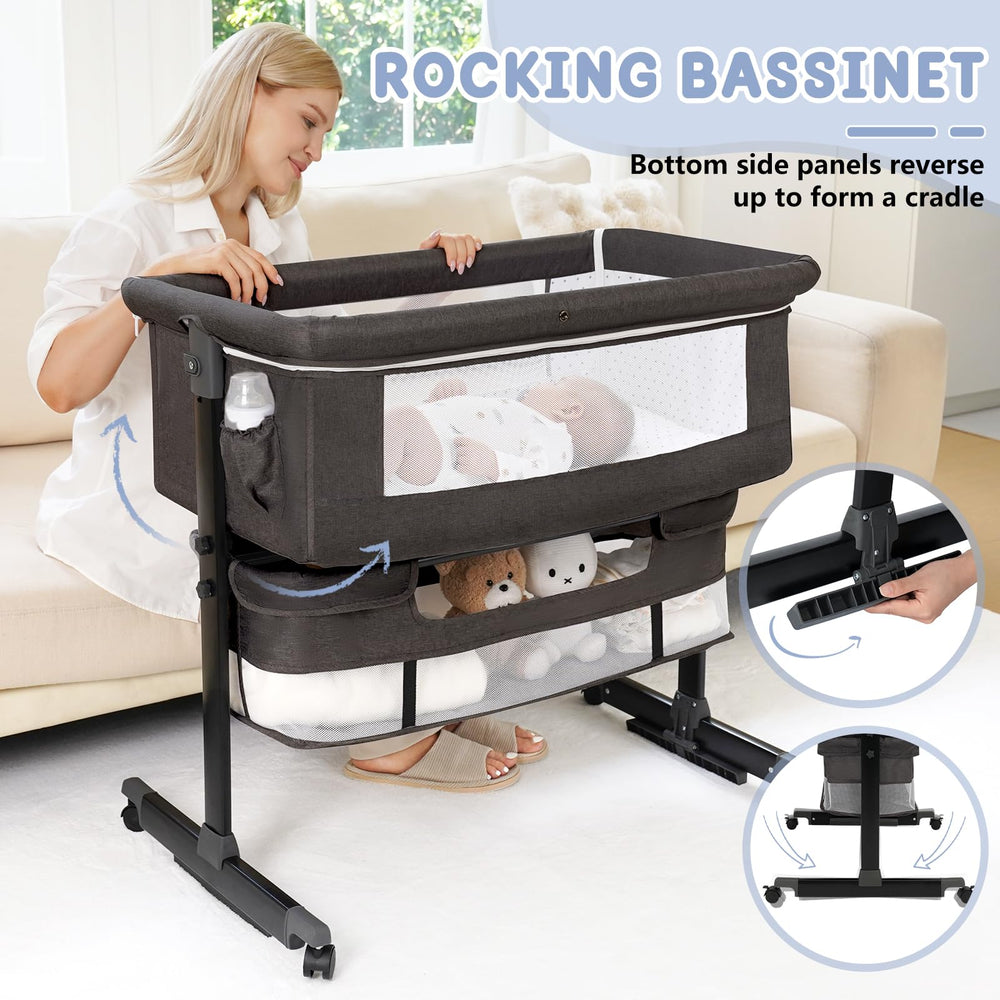 Semphis bassinet with wheels and a storage basket for mobility.