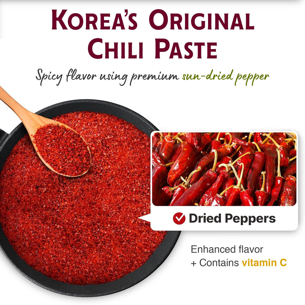 Sempio gochujang jar side view emphasizes jam-like paste texture.