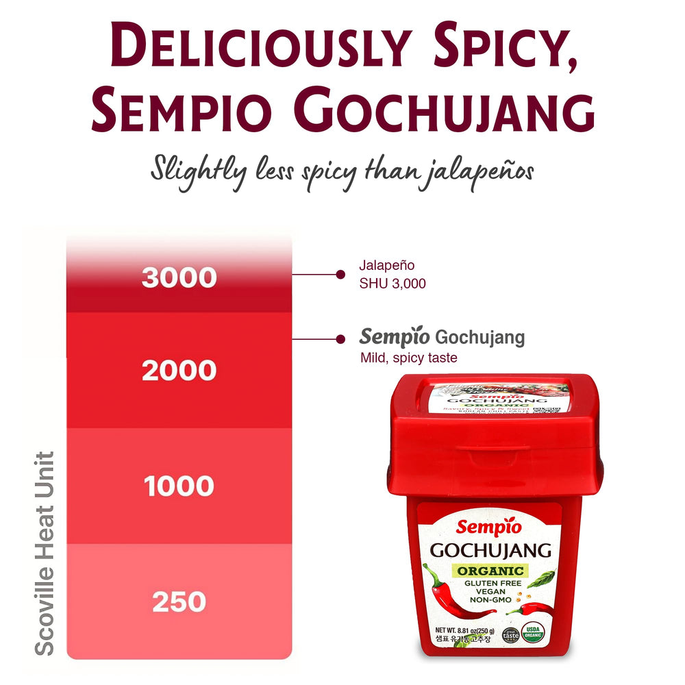 Organic gluten-free Sempio gochujang packaging emphasizes plant-based quality