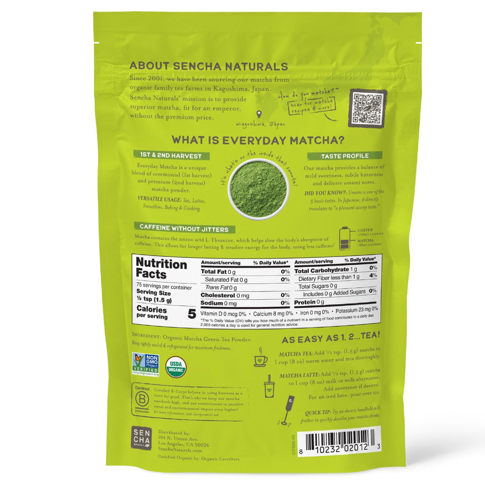 Sencha Naturals matcha dense powder beside measuring spoon
