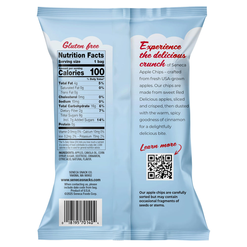 Seneca Cinnamon Apple Chips bag foil-lined emphasizes freshness and crunch