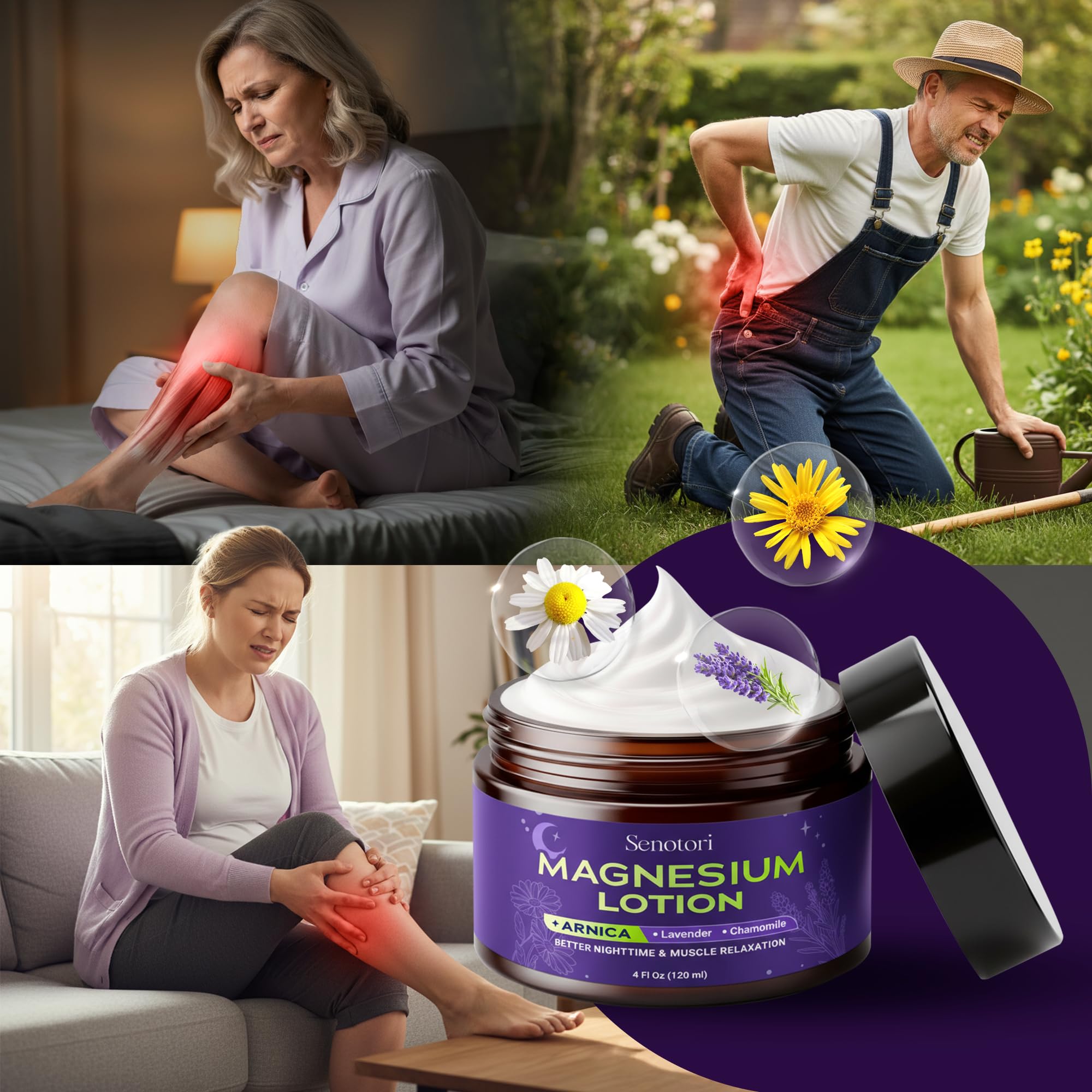 Senotori applied to calves and feet supports post-activity relaxation.