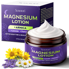 Senotori Nighttime magnesium lotion packaging showcases arnica for calm evenings.