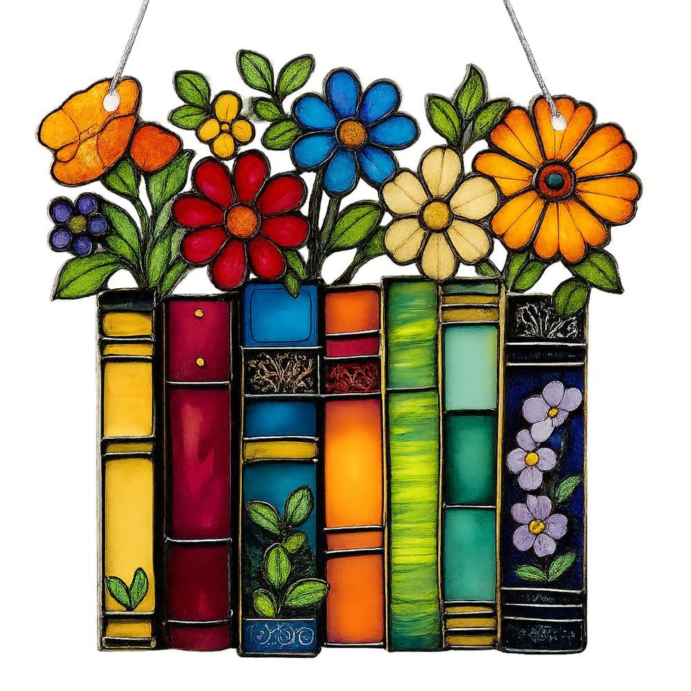 Sensemory book lovers ornament close-up; clear acrylic finish enhances bookshelf display.
