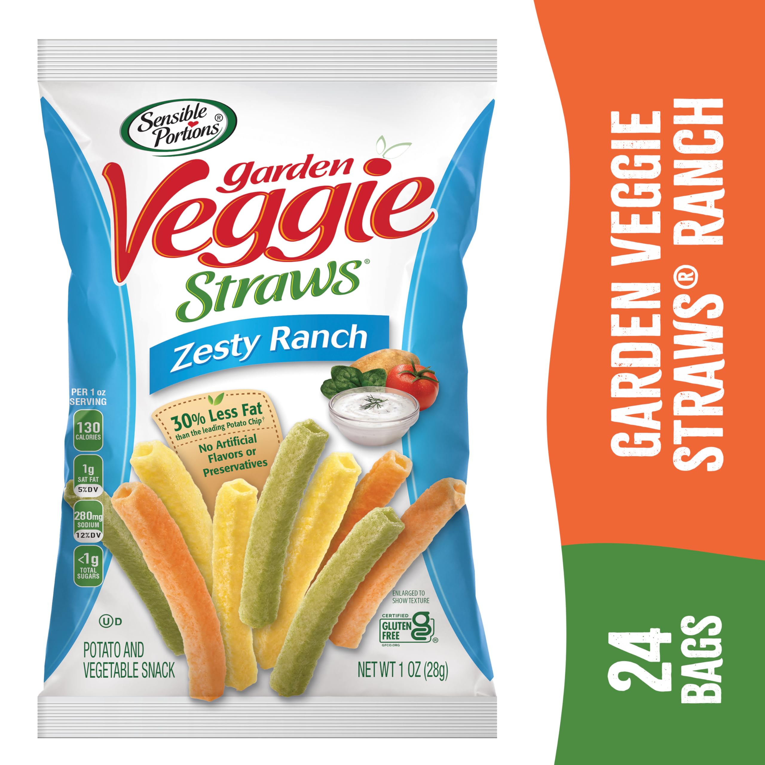 Sensible Portions Garden Veggie Snacks gluten-free and kosher label visible.