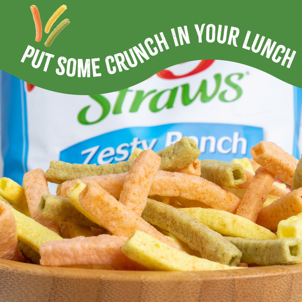 Sensible Portions Ranch Veggie Straws serving idea showcases kid-friendly crunch.
