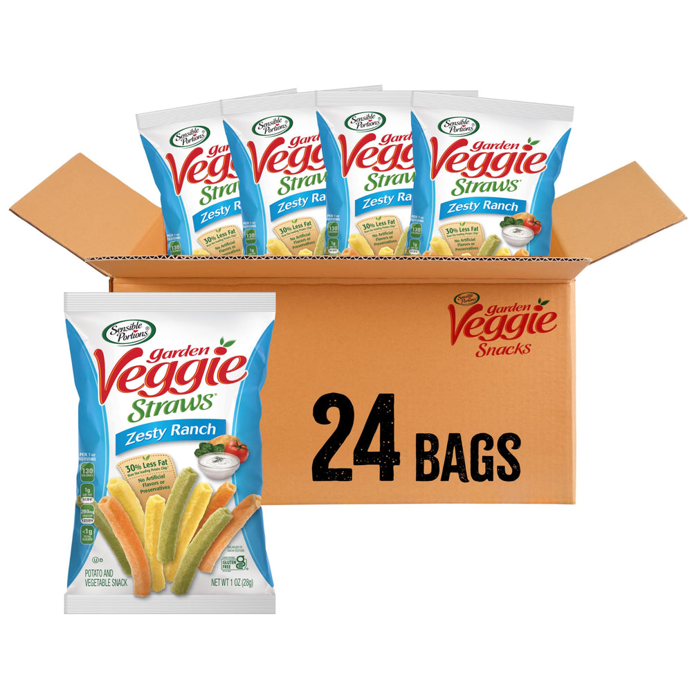 Sensible Portions Garden Veggie Snacks Ranch Veggie Straws front pack for on-the-go snacking.