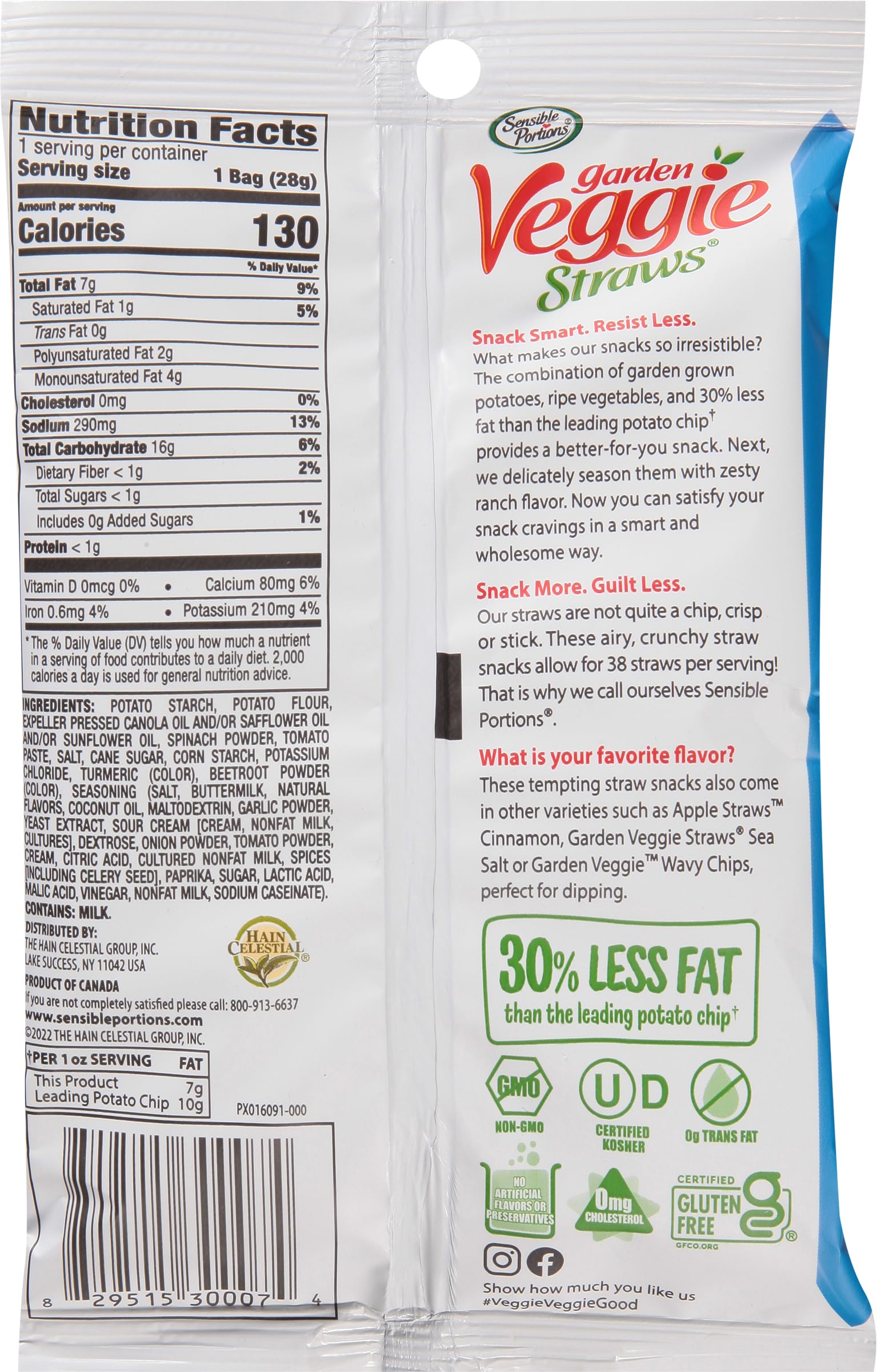Sensible Portions Ranch Veggie Straws snack-size bags offer a lighter, satisfying crunch.