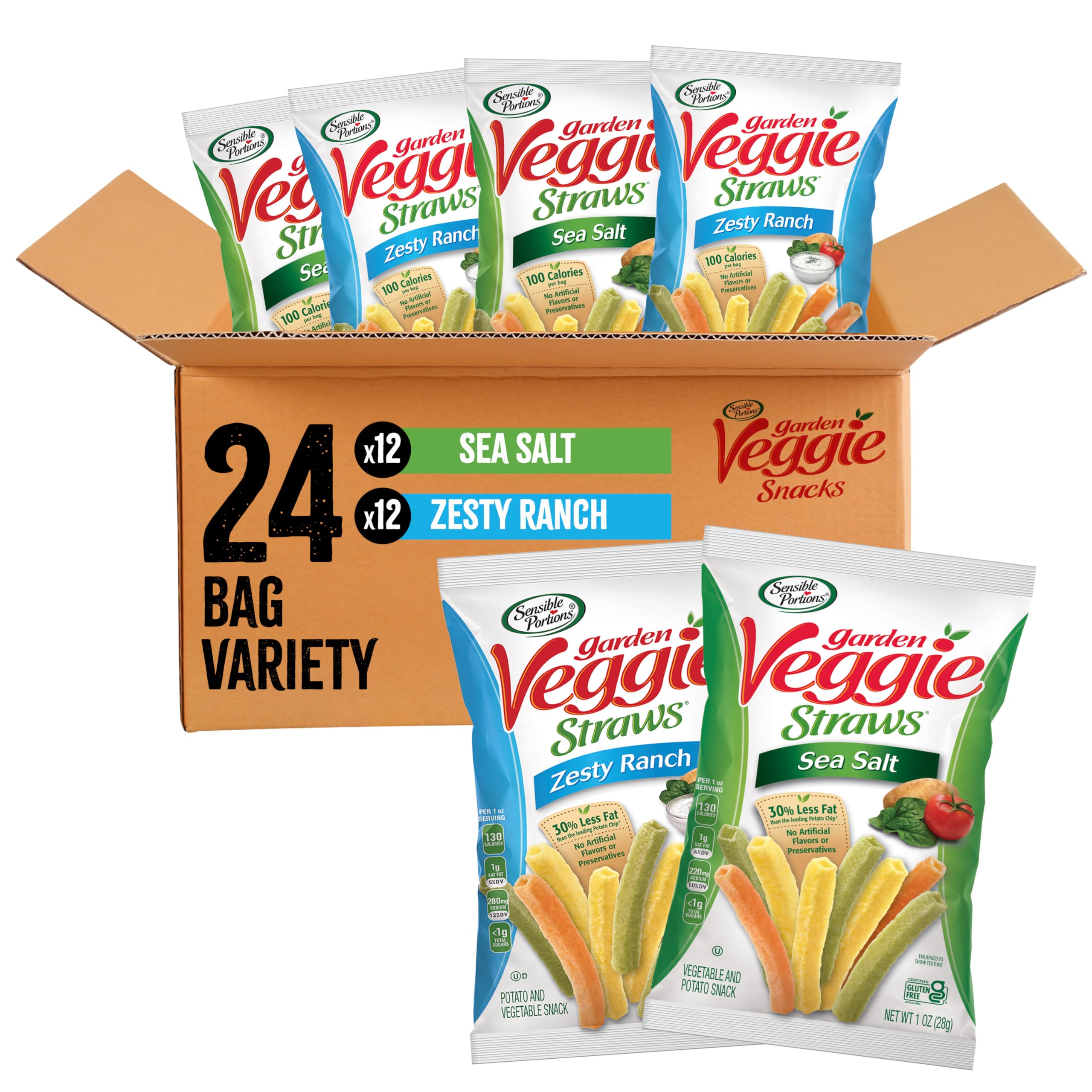 Sensible Portions Sea Salt veggie straws bag, light and crunchy for on-the-go snacking.