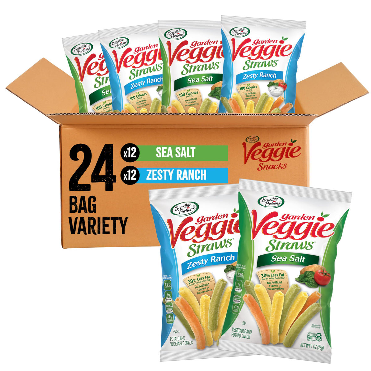 Sensible Portions Sea Salt veggie straws bag, light and crunchy for on-the-go snacking.