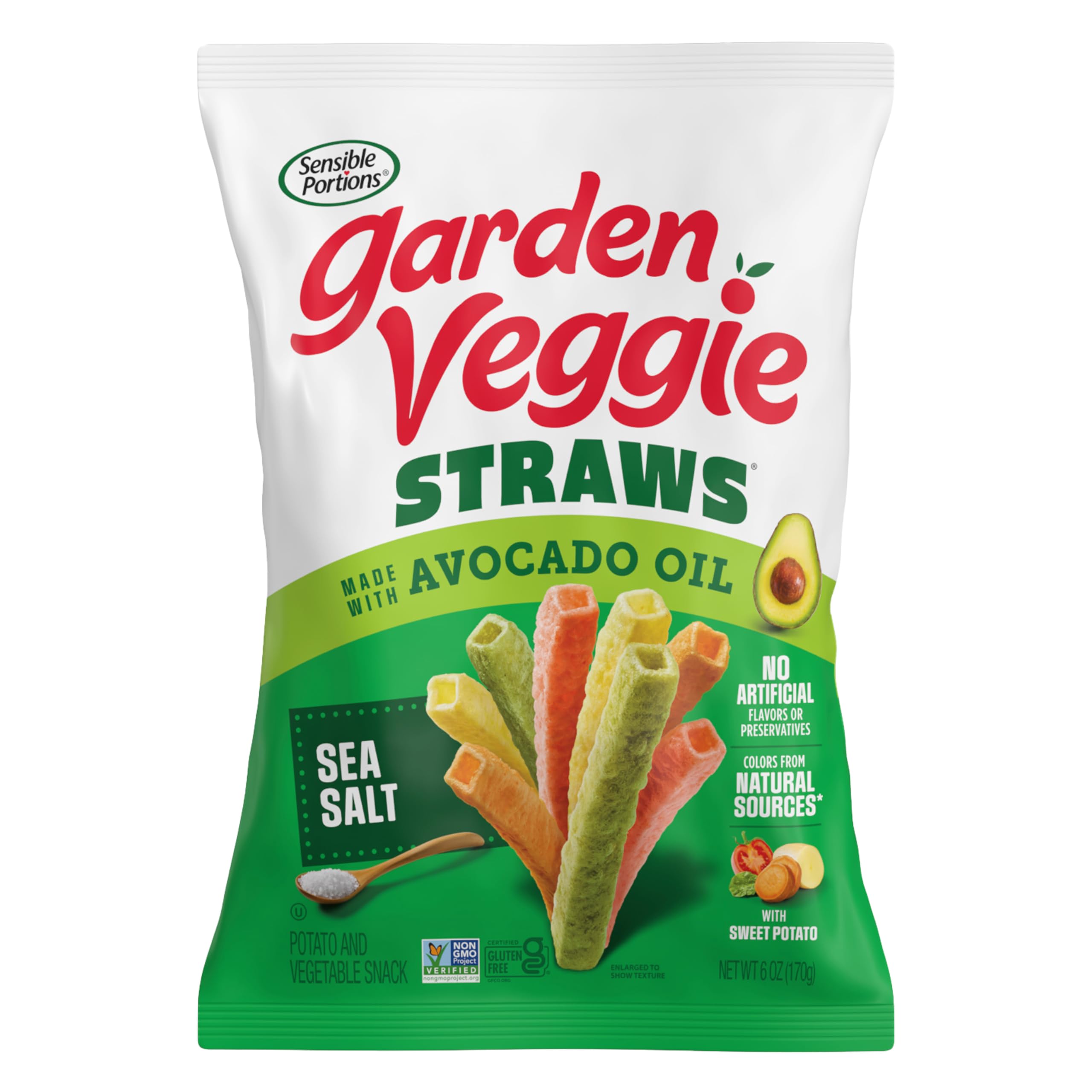 Sensible Portions Garden Veggie Straws sea salt bag offers a crunchy, shareable snack.