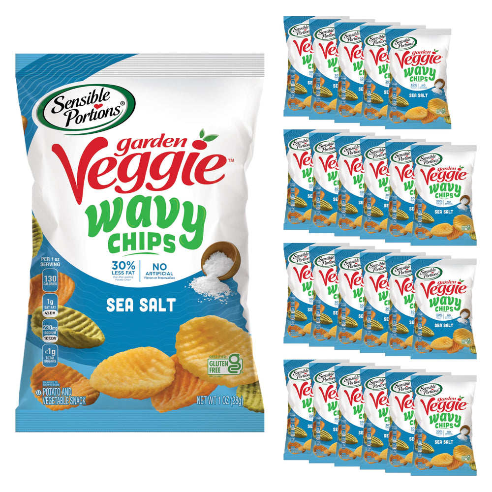 Sensible Portions Garden Veggie Wavy Chips sea salt 1oz bag front for on-the-go snack.