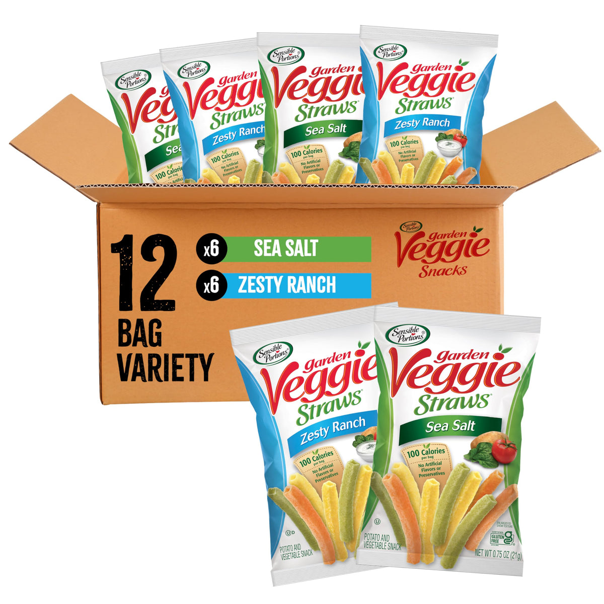 Sensible Portions Veggie Straws Sea Salt bag for gluten-free, crave-worthy crunch.
