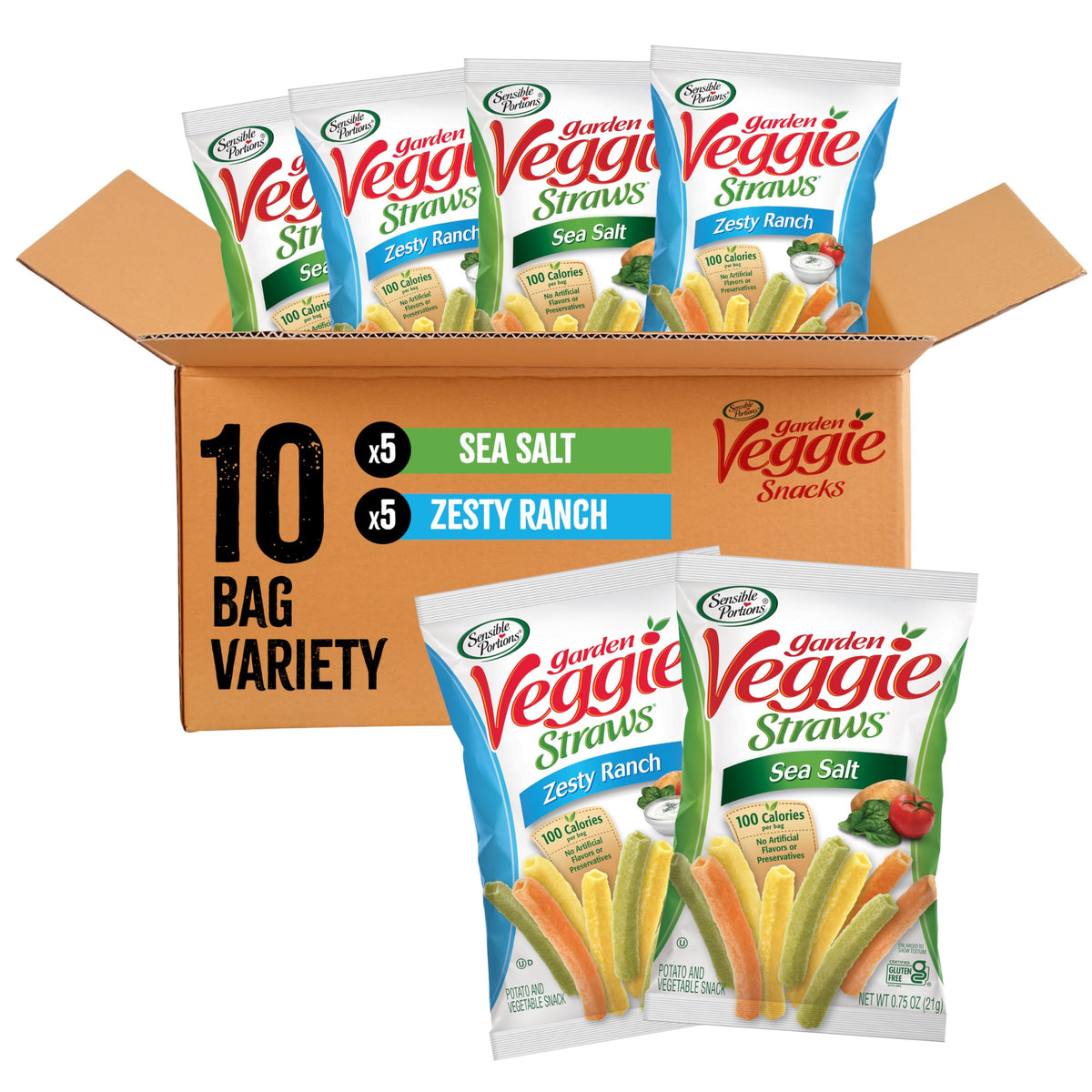 Sensible Portions Veggie Straws Sea Salt bag for on-the-go snacking.