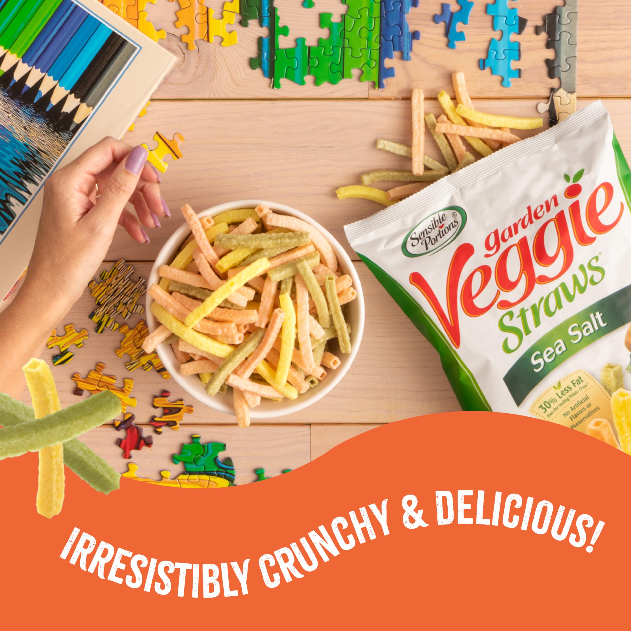 Serving bowl with Veggie Straws ready for party snacking.