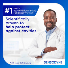 Close-up brushing with Sensodyne showing smooth paste application.