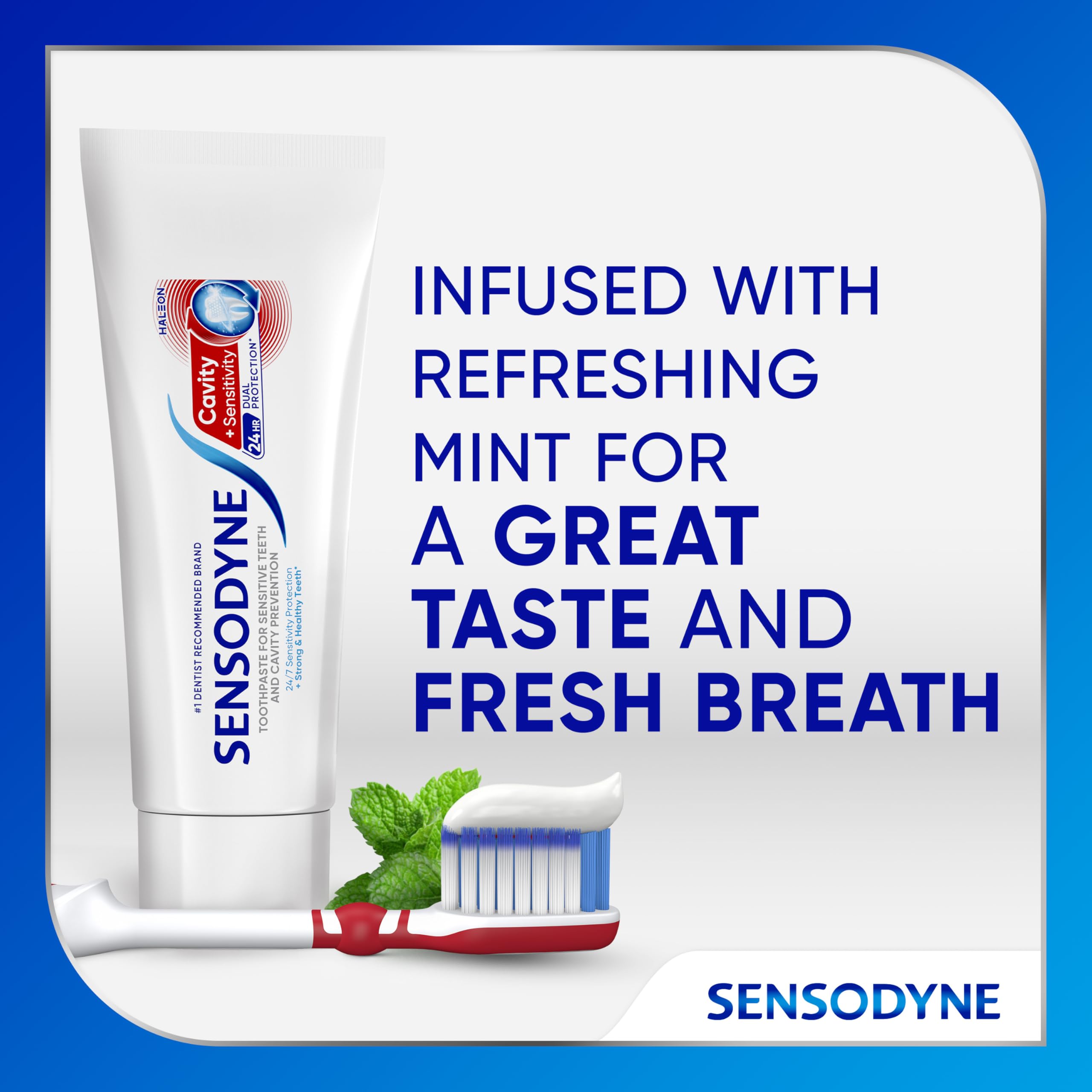 Smiling user after brushing with Sensodyne Cavity + Sensitivity.