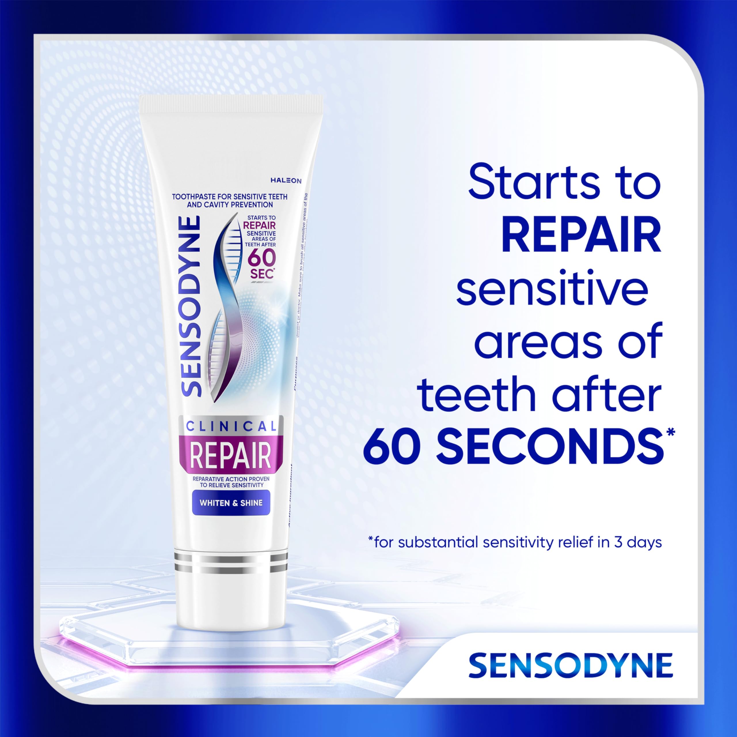 Front view of a Sensodyne Clinical Repair Whiten & Shine tube.