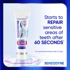 Front view of a Sensodyne Clinical Repair Whiten & Shine tube.