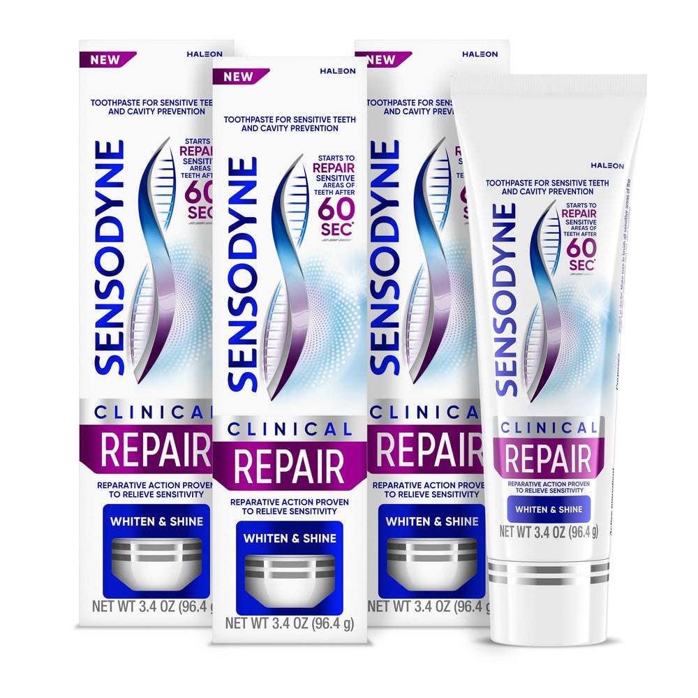 Sensodyne Clinical Repair Whiten & Shine triple-pack toothpaste tubes for sensitivity relief.