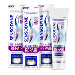 Sensodyne Clinical Repair Whiten & Shine triple-pack toothpaste tubes for sensitivity relief.