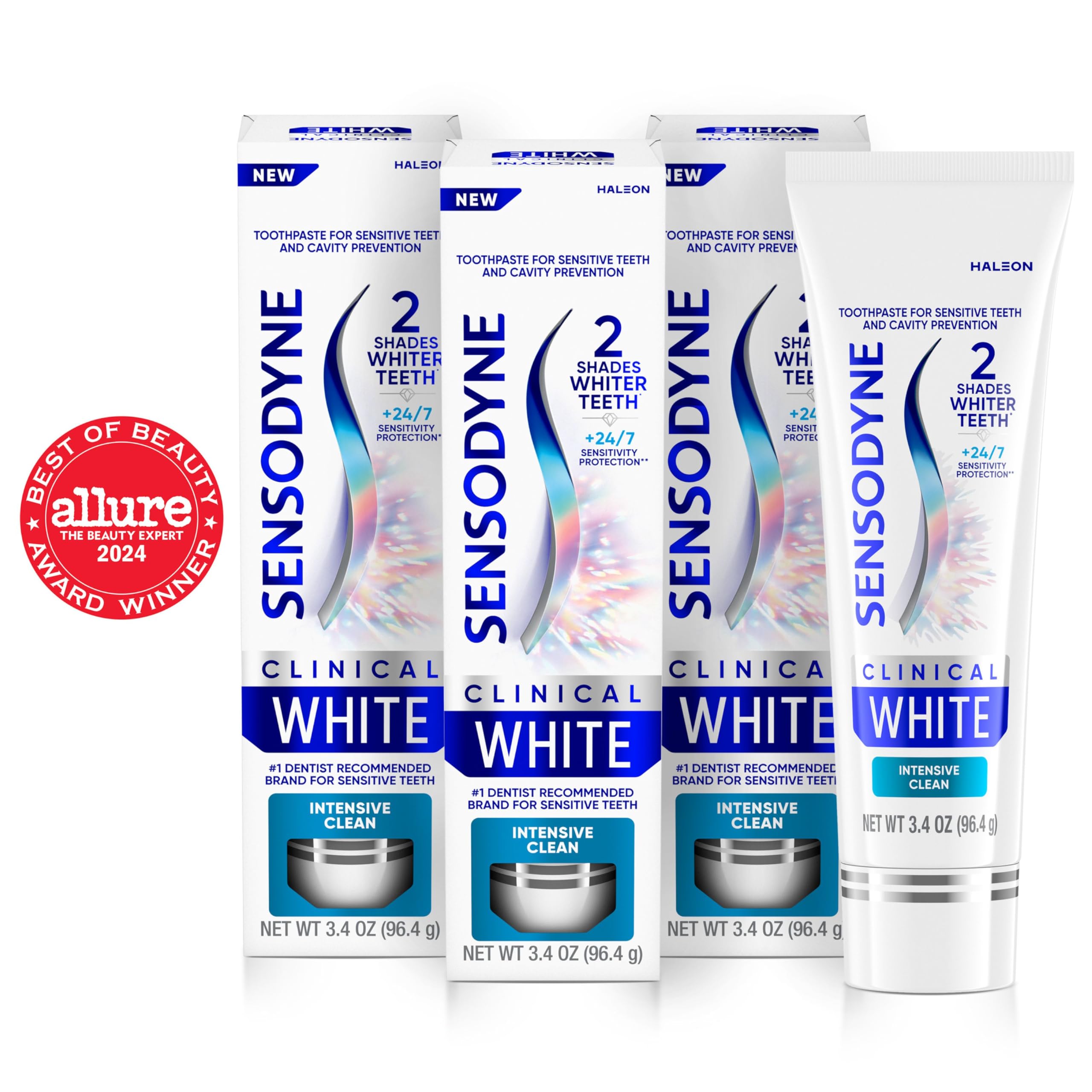 Sensodyne Clinical White toothpaste swirl on a brush demonstrates whitening action.