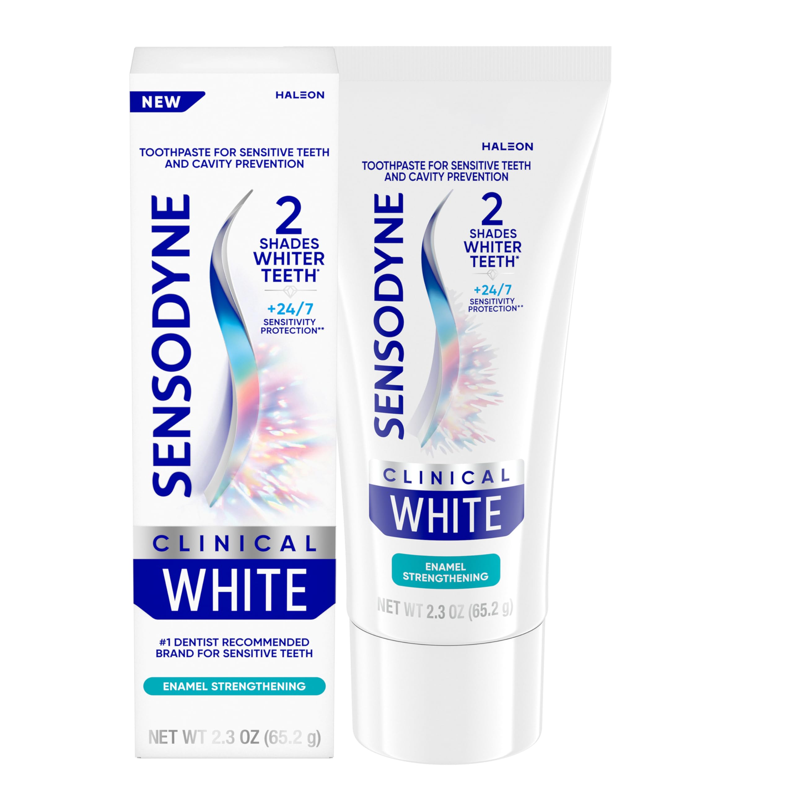 Sensodyne Clinical White toothpaste tube for daily whitening and enamel protection.