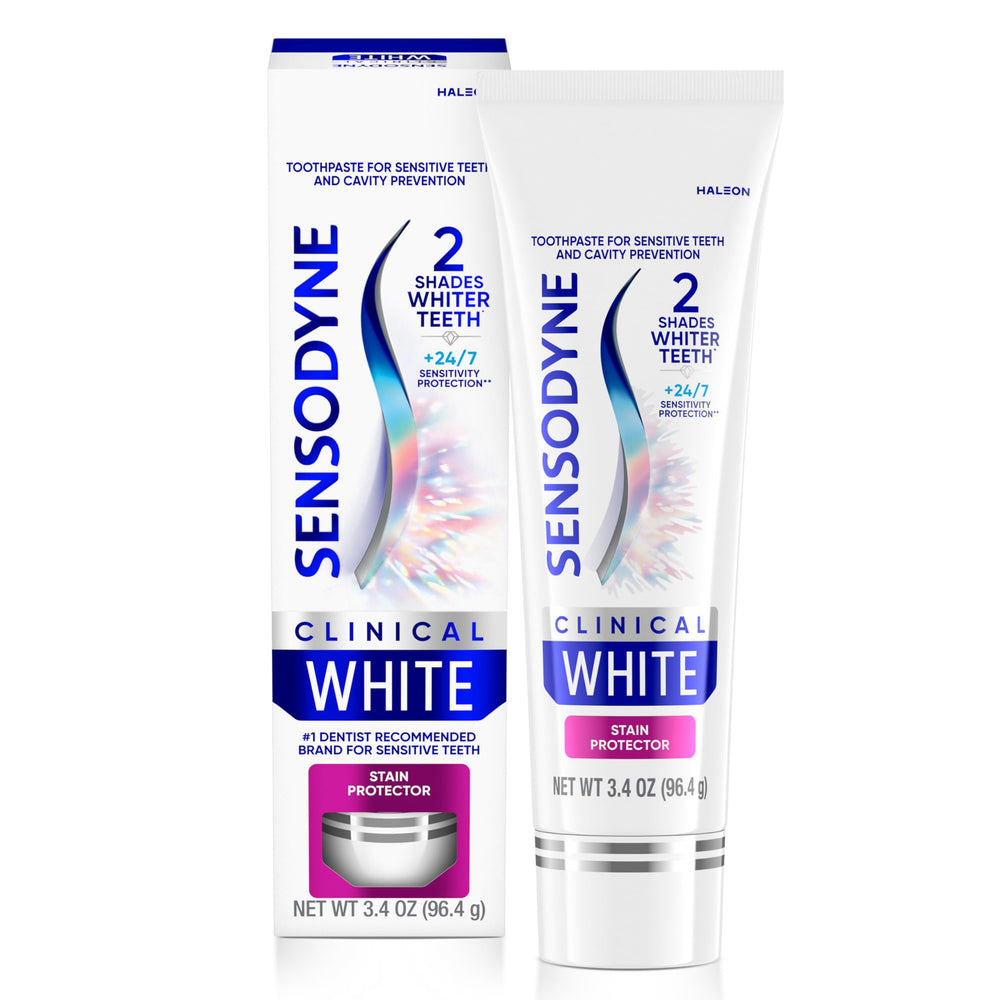 Sensodyne Clinical White toothpaste tube for daily whitening and enamel safety.