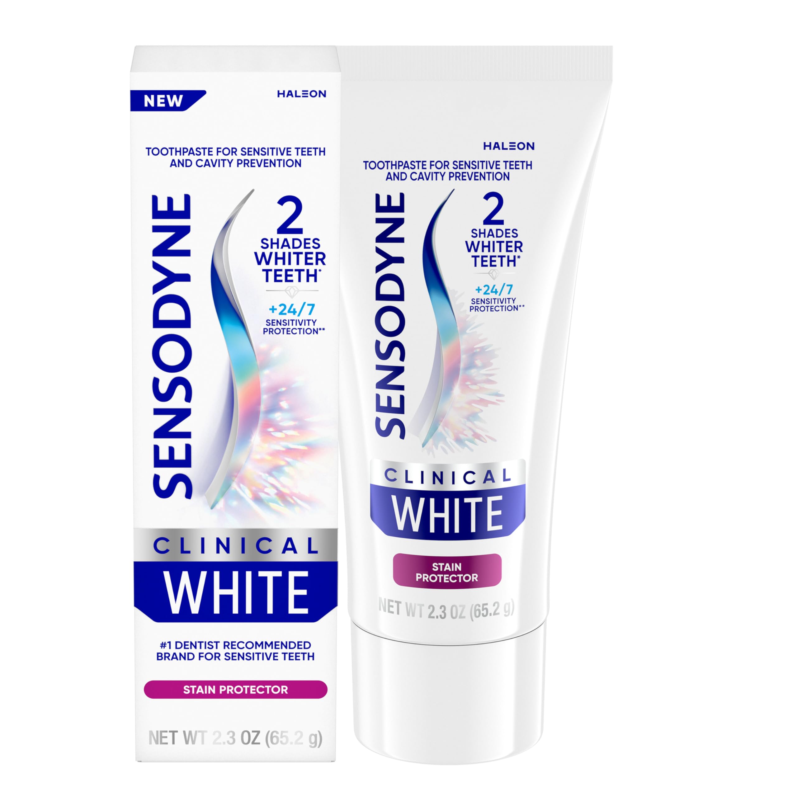 Sensodyne Clinical White toothpaste tube with stain protection.