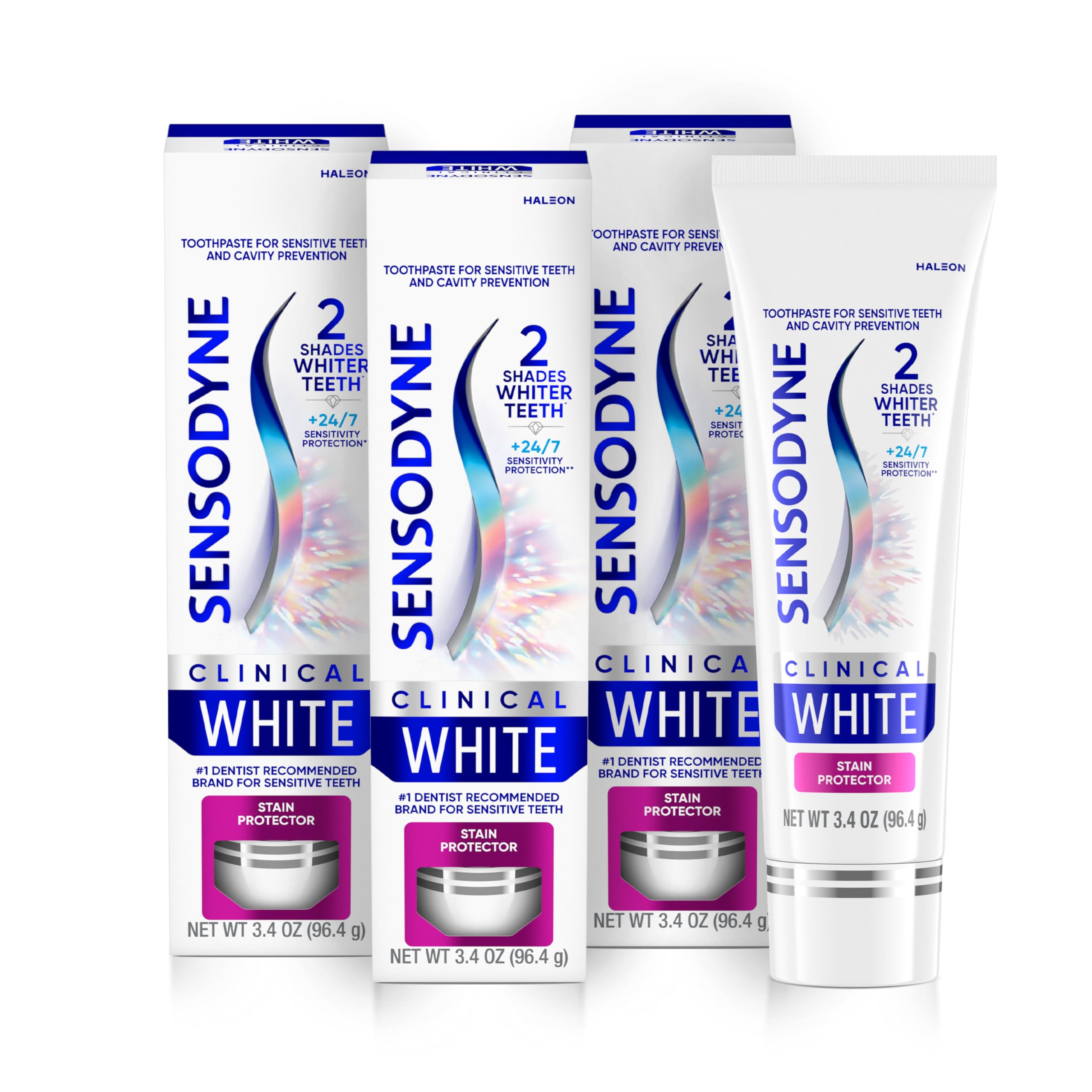 Sensodyne Clinical White three-pack tubes ready for daily whitening.