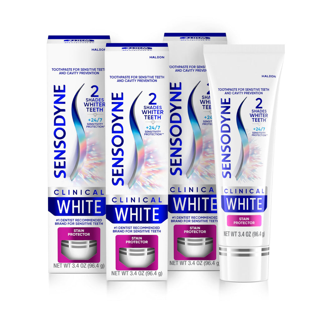 Sensodyne Clinical White three-pack tubes ready for daily whitening.