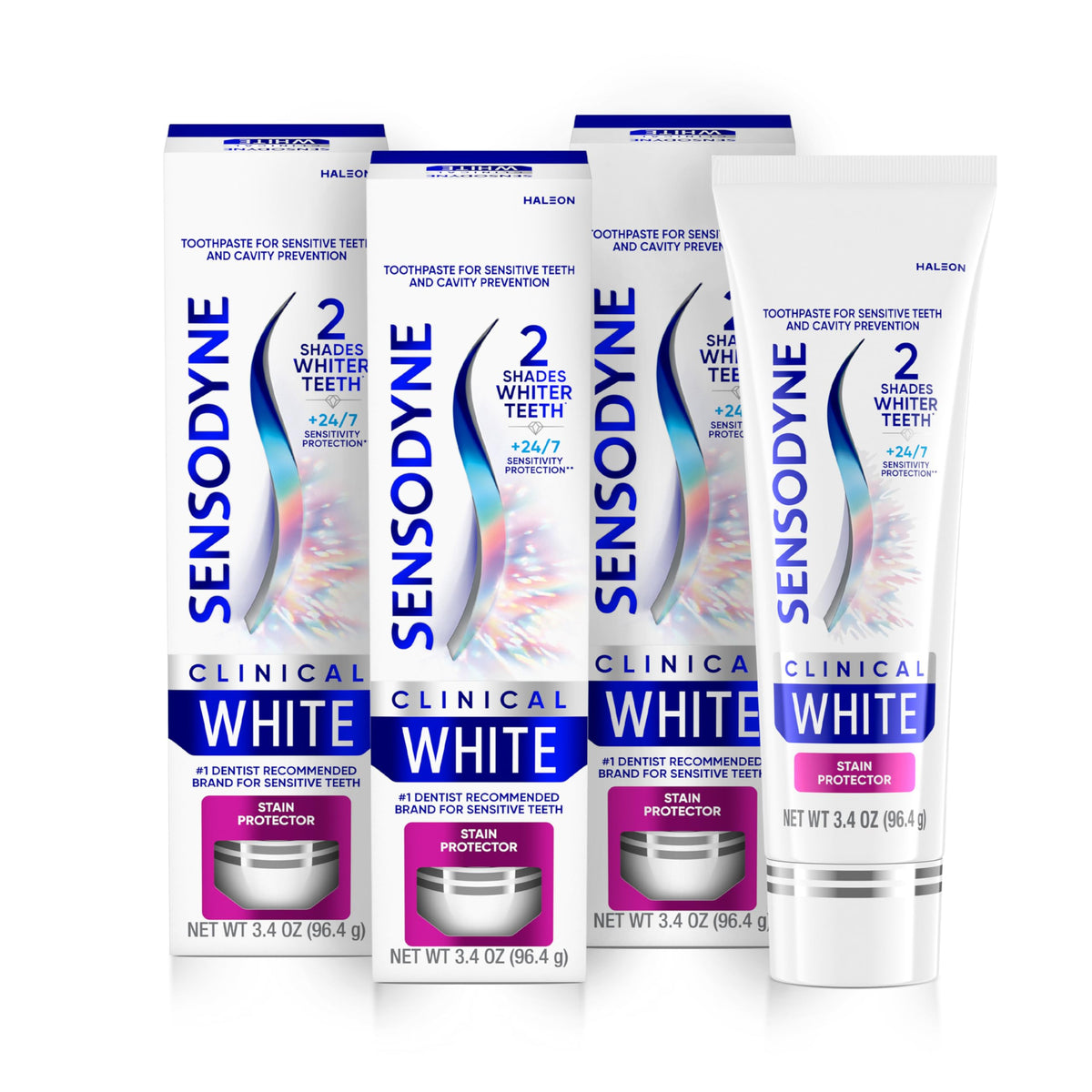 Sensodyne Clinical White three-pack tubes ready for daily whitening.