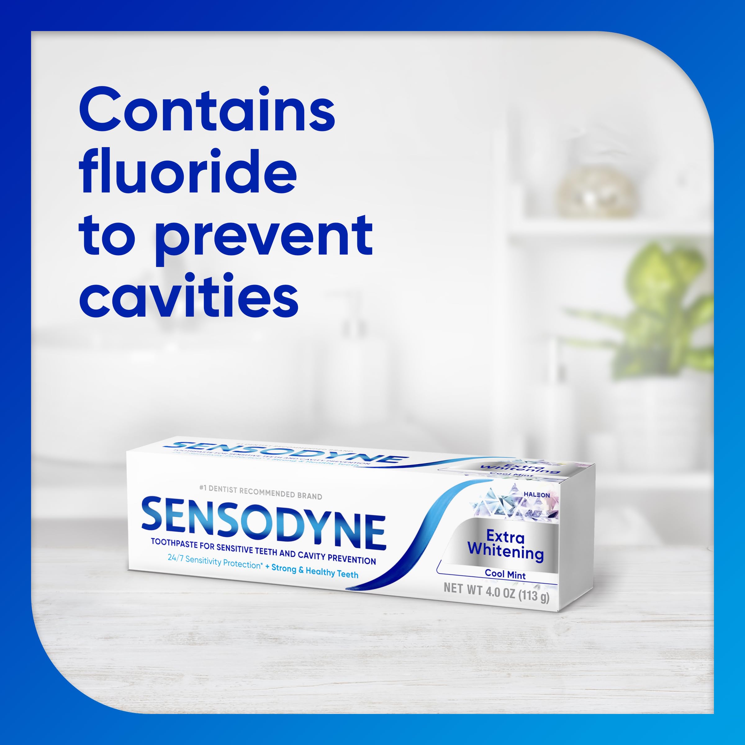 Sensodyne Extra Whitening Cool Mint tube front for sensitive teeth care.