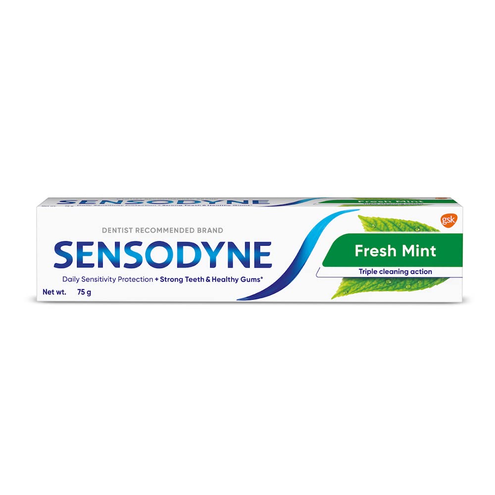 Sensodyne Fresh Mint toothpaste tube front view highlighting sensitivity protection.