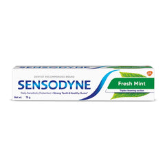 Sensodyne Fresh Mint toothpaste tube front view highlighting sensitivity protection.