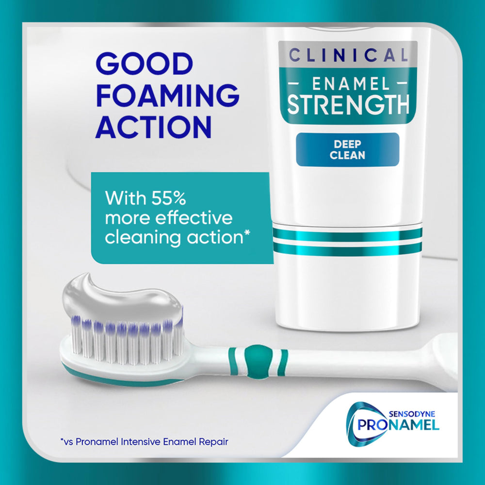 Sensodyne Pronamel 3x stronger enamel claim graphic; emphasizes enamel resilience potential.