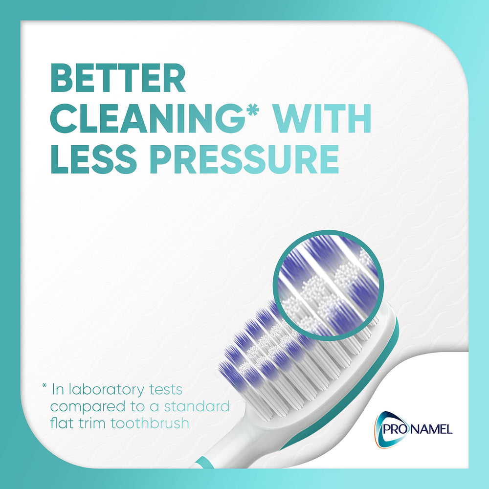 Adult Pronamel toothbrush designed to guard against overbrushing and enamel wear.