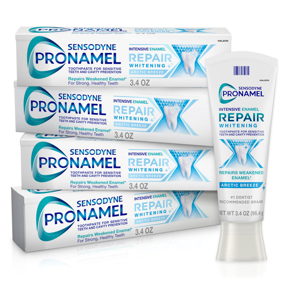 Sensodyne Pronamel Arctic Breeze tube shown for enamel protection and sensitivity relief.
