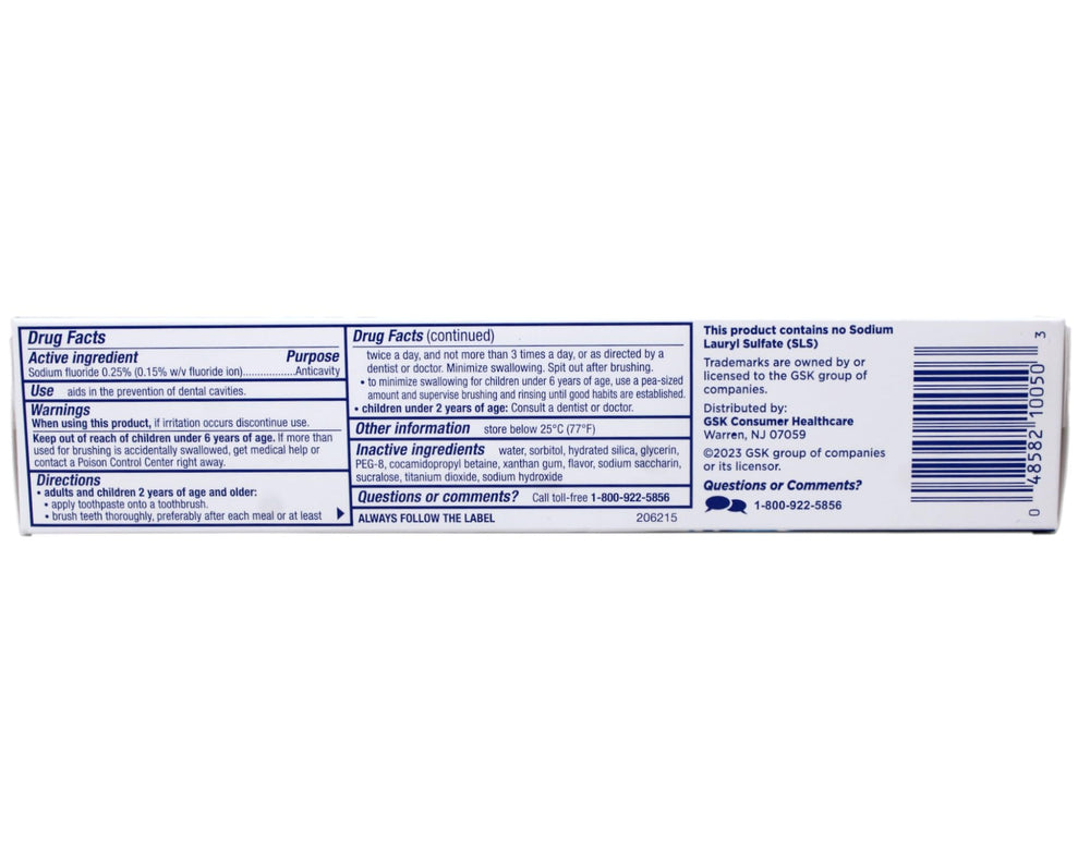 Four-pack Biotene toothpaste on bathroom shelf