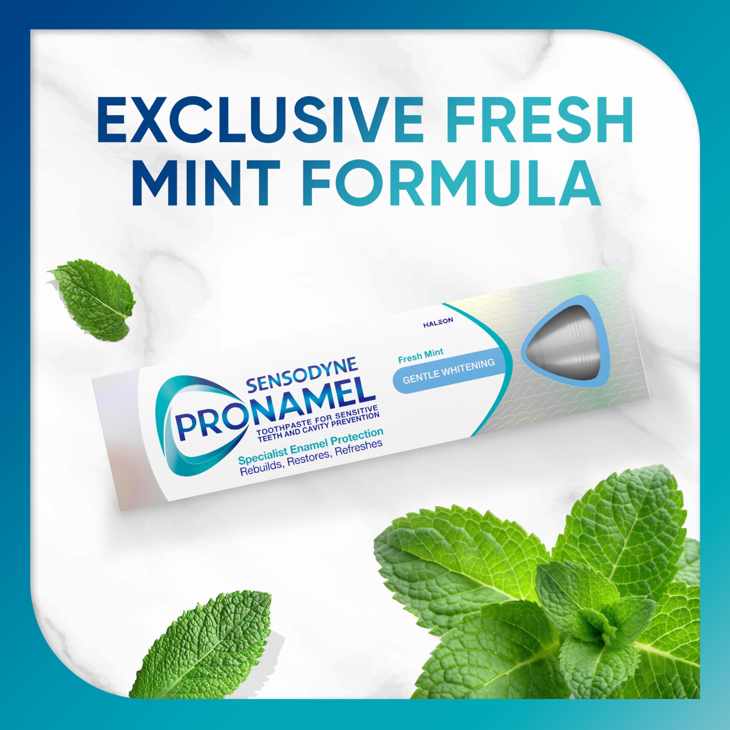 Sensodyne Pronamel box packaging shows Fresh Mint flavor and enamel care.