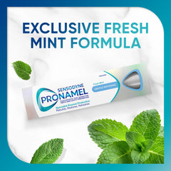 Sensodyne Pronamel box packaging shows Fresh Mint flavor and enamel care.