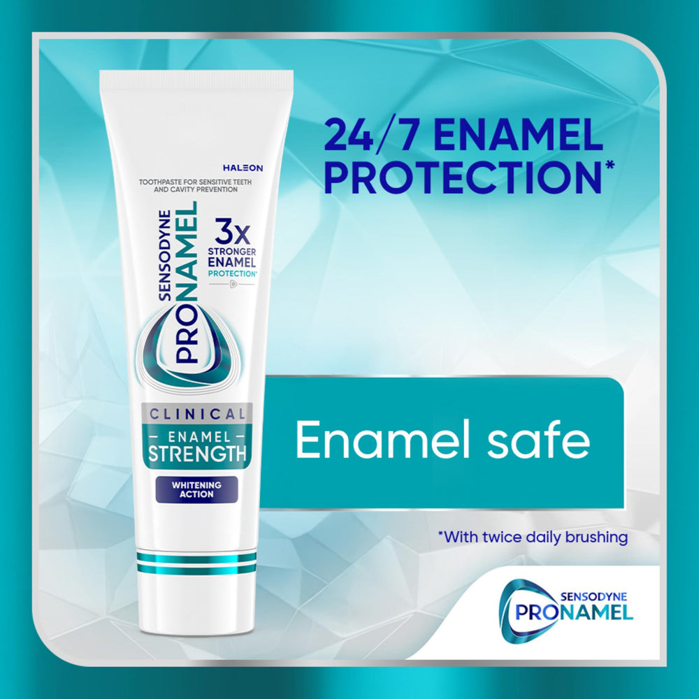 Three tube Sensodyne Pronamel packaging setup for daily enamel care