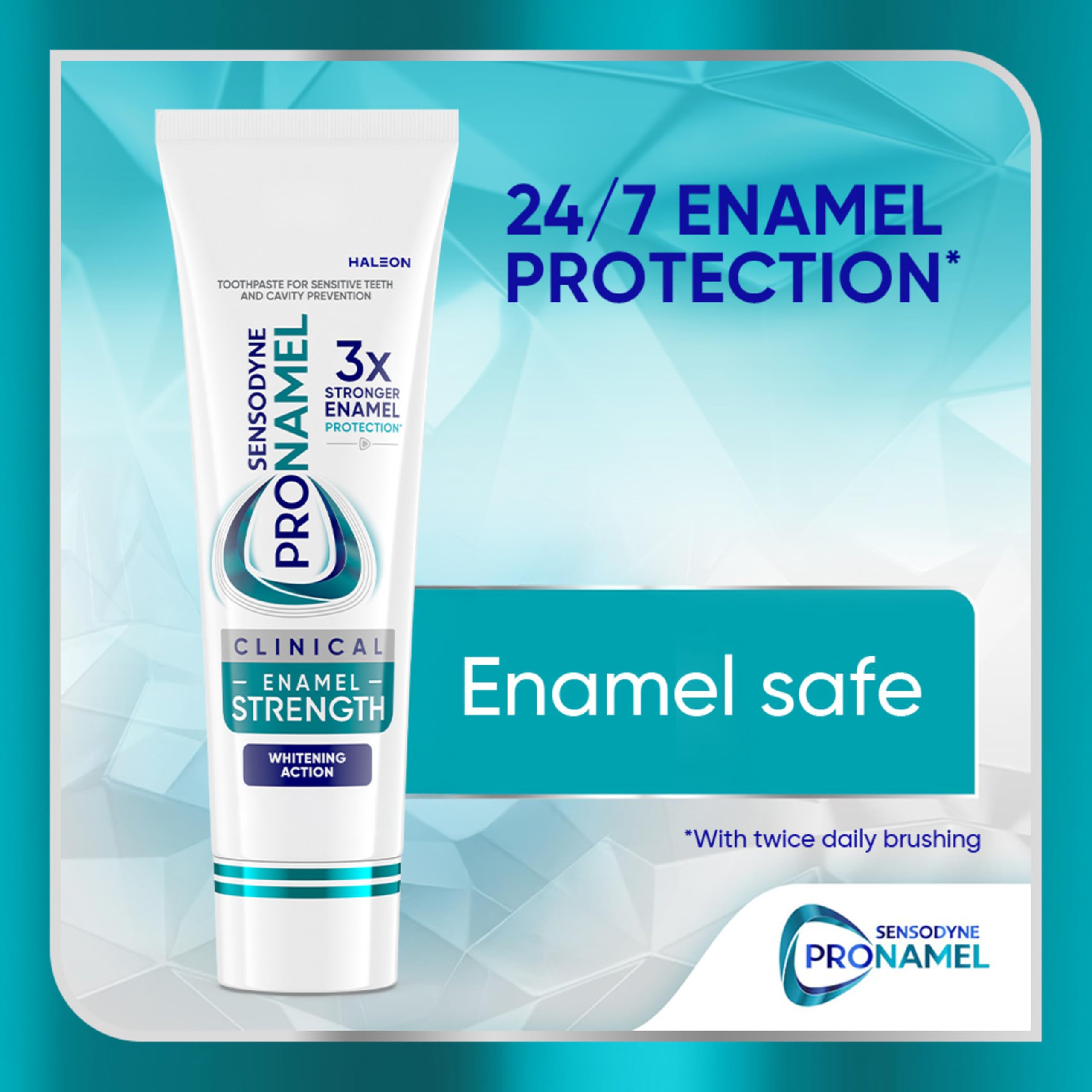 Sensodyne Pronamel Clinical foaming system illustration shows gentle cleansing and whitening support.