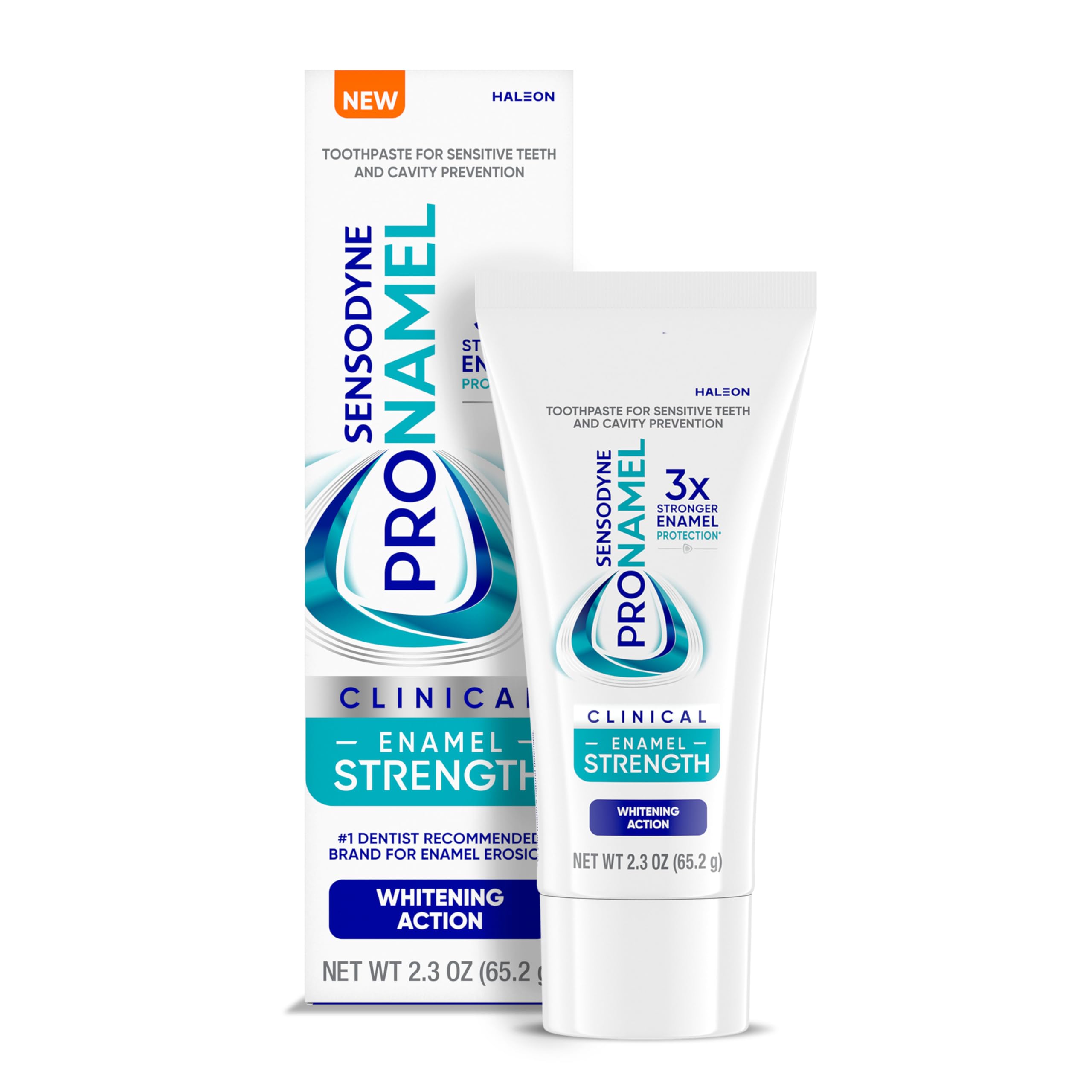 Sensodyne Pronamel Clinical enamel-strength toothpaste tube front for whitening action and enamel protection.