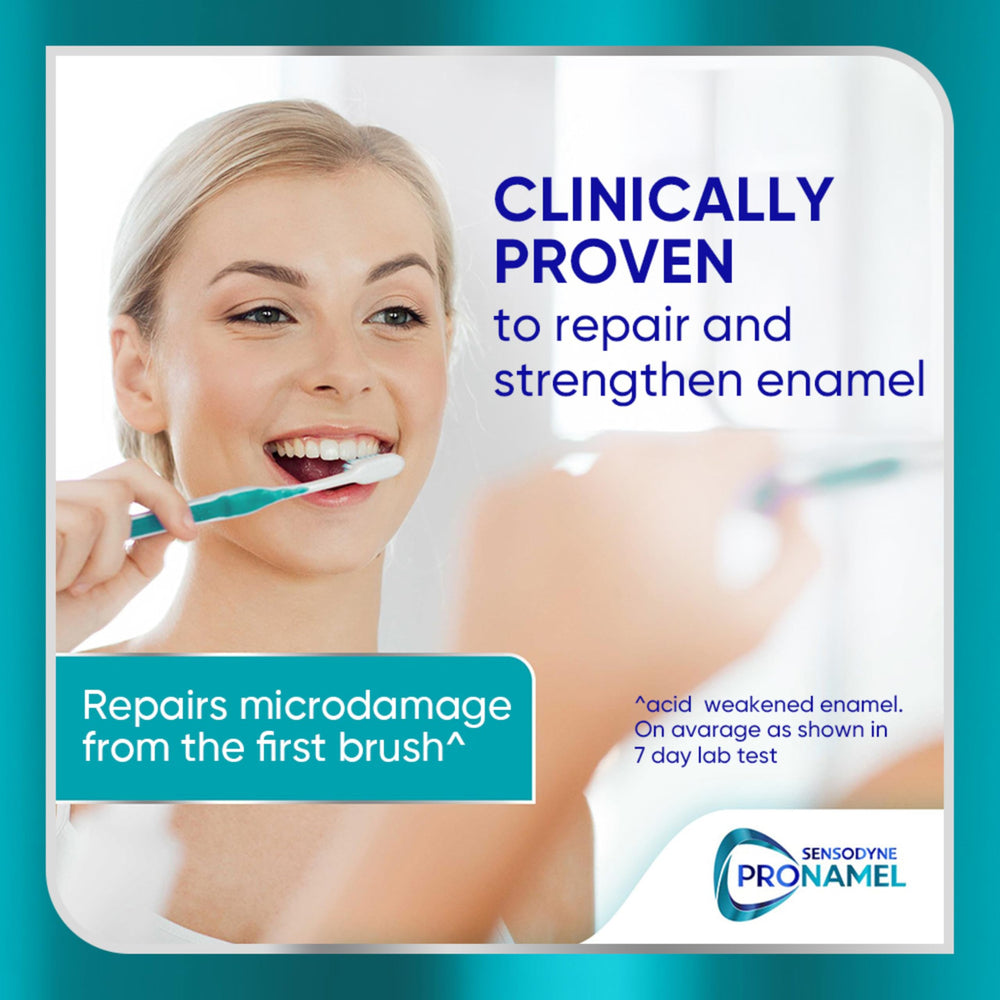 Whitening close up on tooth surface with Pronamel branding