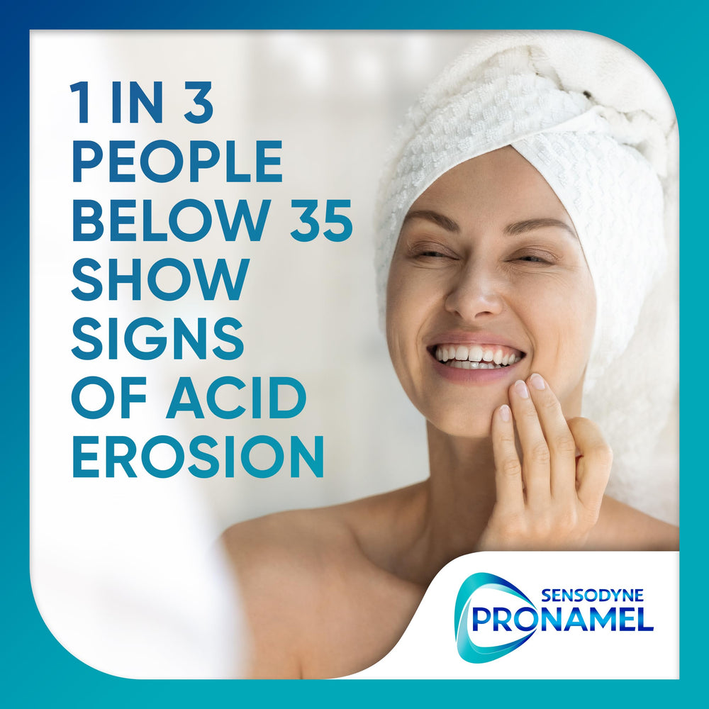 Sensodyne Pronamel two-minute brushing ritual, twice daily use.