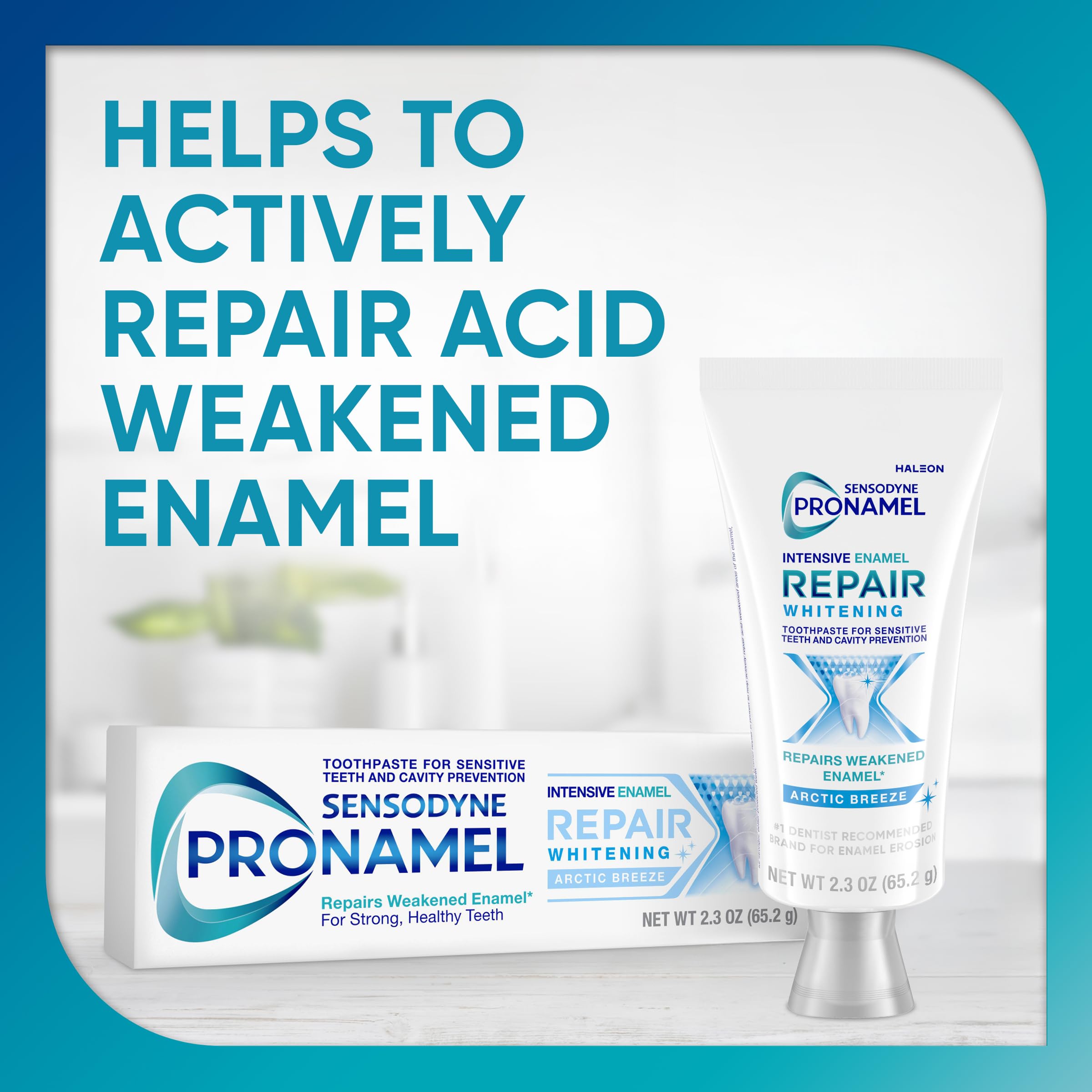Sensodyne Pronamel tube close-up, enamel repair, protects enamel and prevents acid wear.