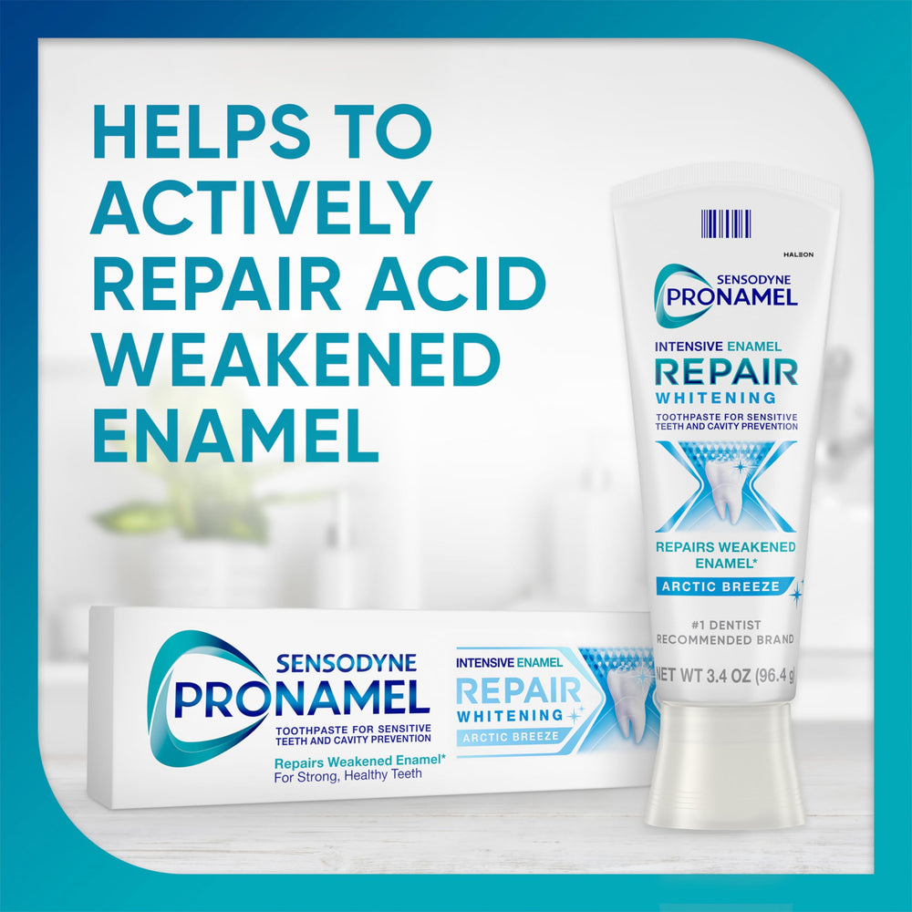 Sensodyne Pronamel enamel repair formula highlighting advanced enamel care.