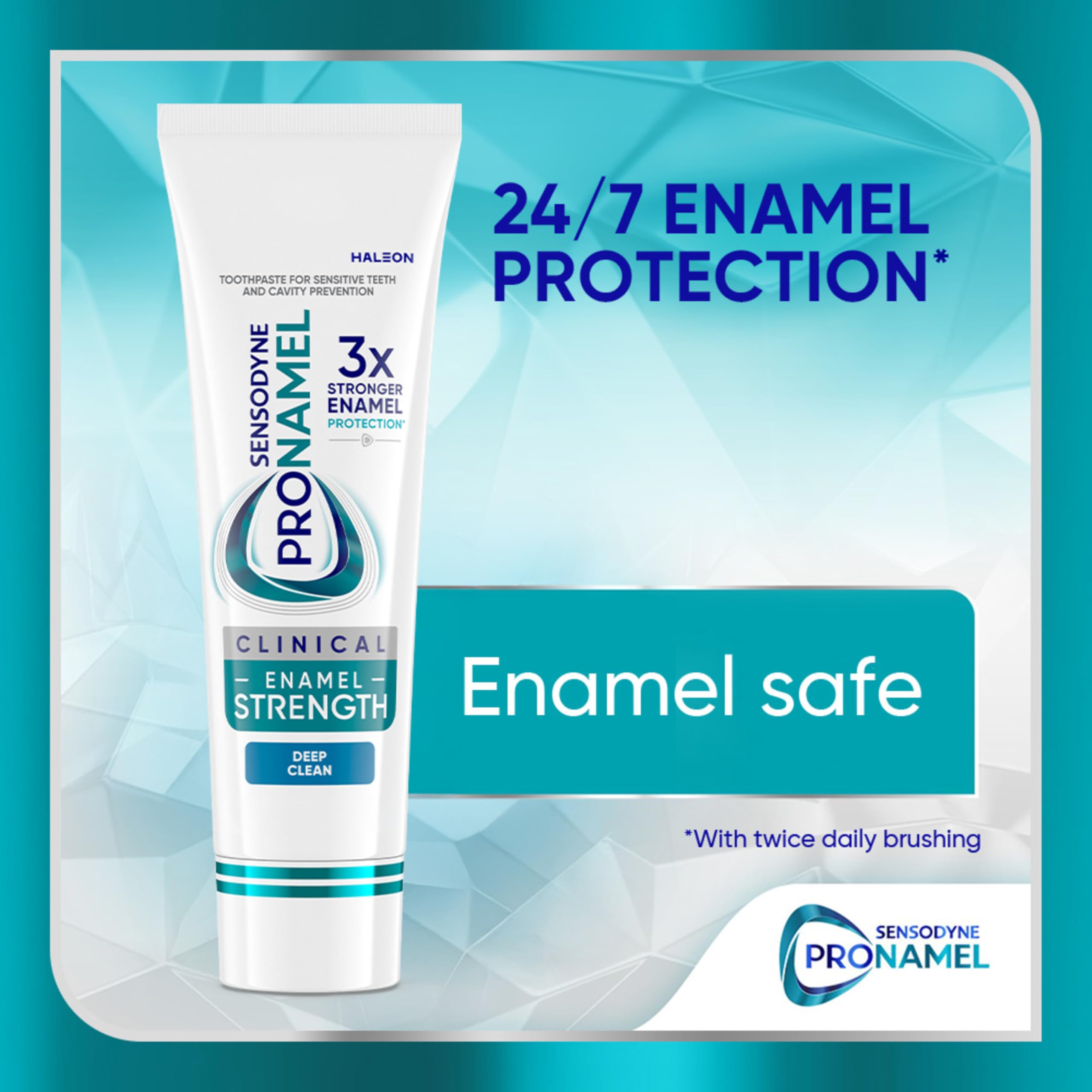 Sensodyne Pronamel enamel-strength badge; signals 3x stronger enamel protection claim.